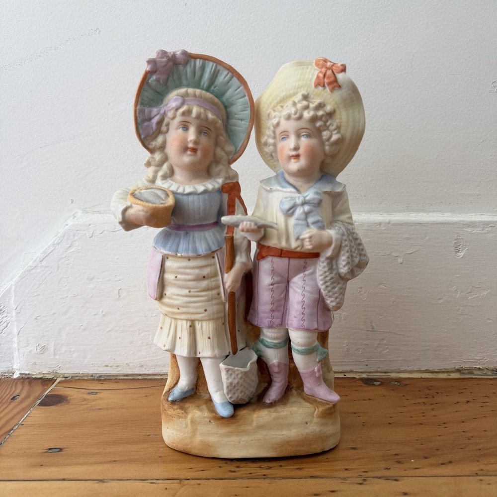 Vintage Bisque Porcelain Victorian Children Fishing Figurine Cottage Decor 10.5